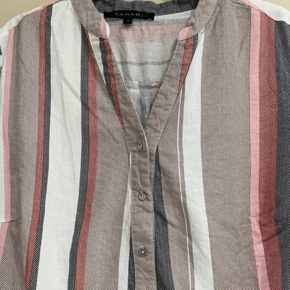 TAHARI Linen Rayon Blend Striped Blouse Short Sleeves Top Size 1X - Picture 4 of 8